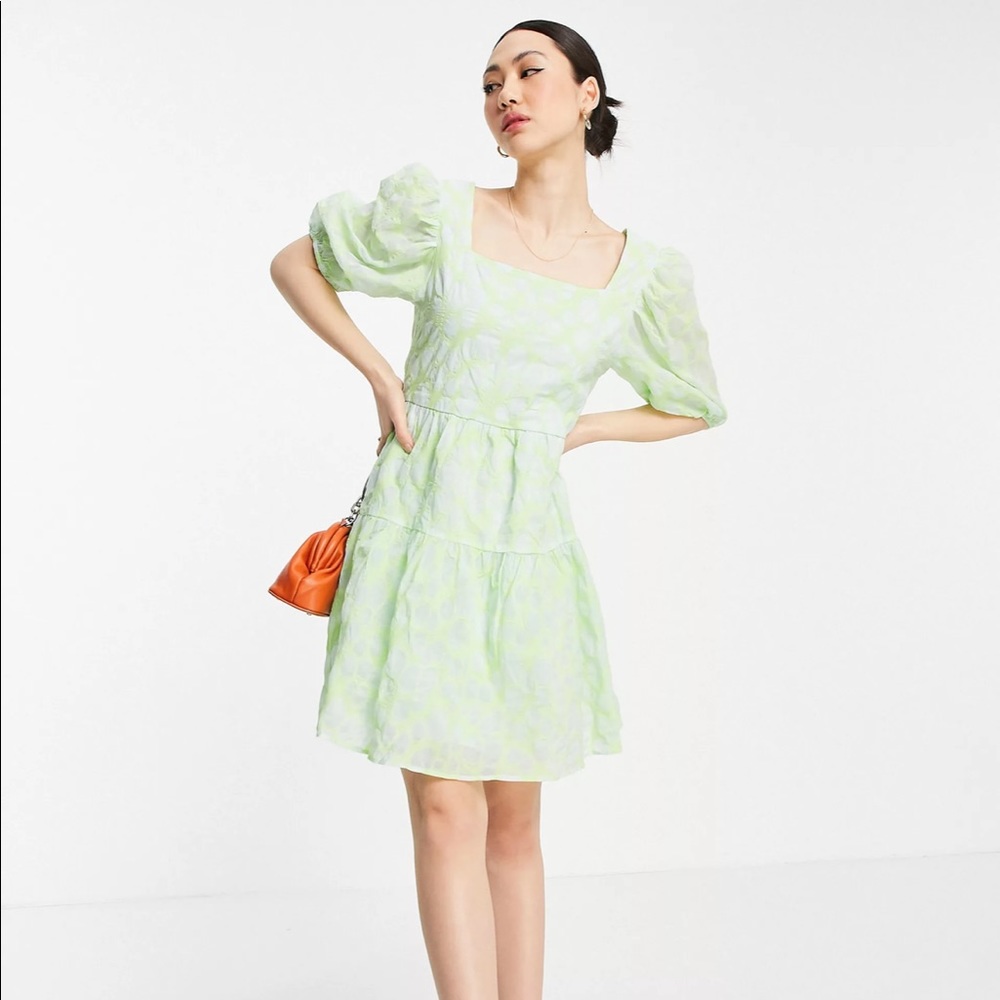 Vila mini tulle smock dress with low back and bow detail in green